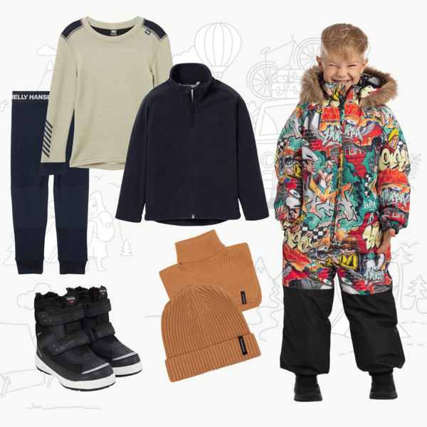 Dětský zimní outfit s kombinézou v graffiti designu