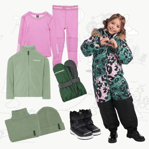 Dětský zimní outfit s kombinézou v kombinaci růžové a zelené barvy