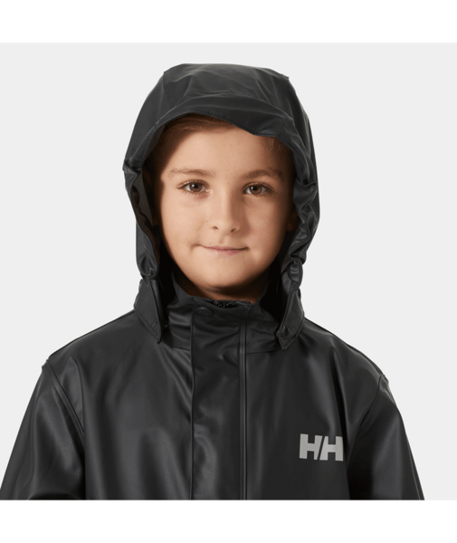 Dětská pogumovaná bunda do deště Helly Hansen Jr Moss jacket černá detail na kapucu