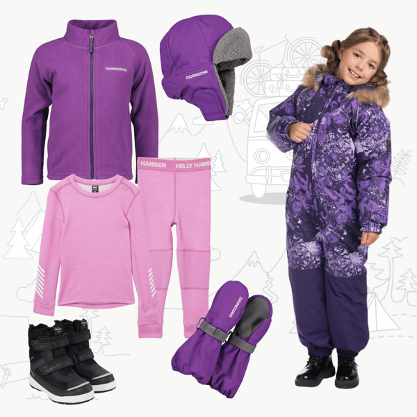 Dětský zimní outfit s kombinézou ve fialových barvách