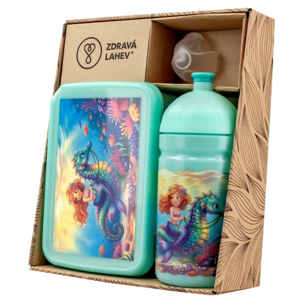 SET ZDRAVÁ LAHEV A ZDRAVÁ SVÁČA svačinový box a lahev 0,5l Mořský koník a víla 2