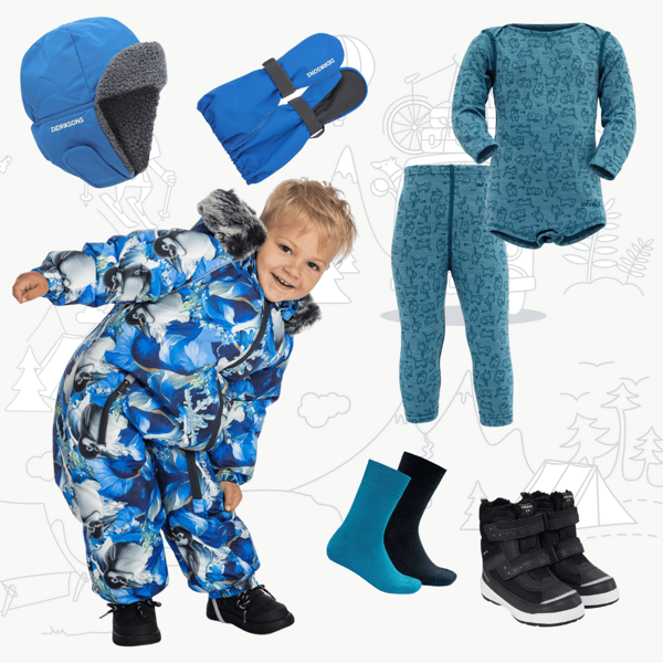 Dětský zimní outfit s kombinézou v modrých barvách