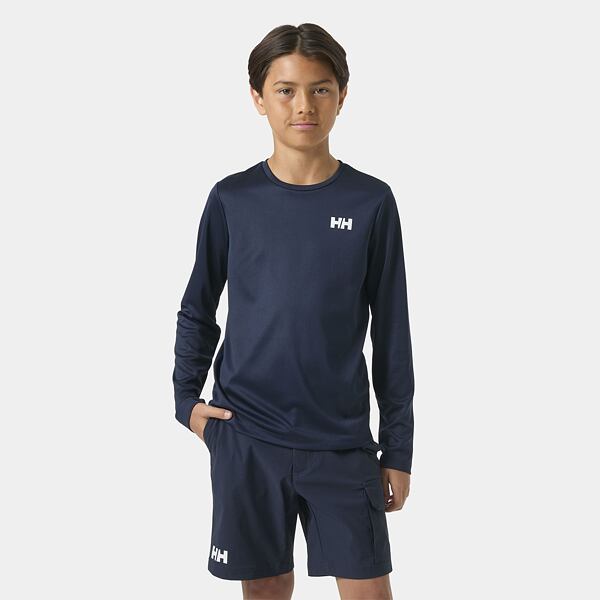 Modré dětské funkční UV tričko Helly Hansen Jr Tech LS Crew dlouhý rukáv zepředu