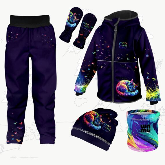 Dětský softshellový outfit tmavě modrý - Duhová kočka