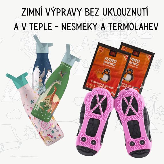 Zimní set pro malé chodce – nesmeky, termolahev a ohřívač rukou