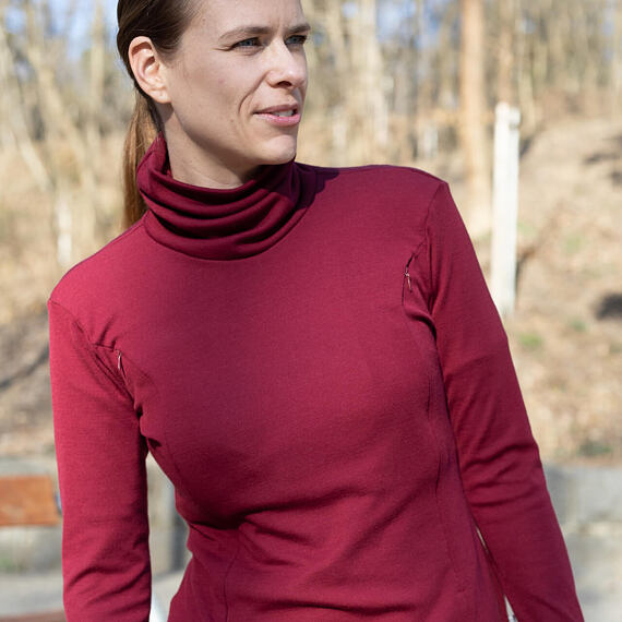 Kojicí merino mikina Tarua pro maminky na zipy - rubínová