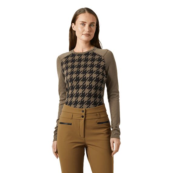 Dámské funkční tričko s merinem Helly Hansen Lifa Merino Midweight Gra Crew - sepia houndstooth aop