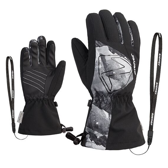 Dětské zimní rukavice Ziener Laval AS AW Jr black grey mountain print - prstové s poutkem