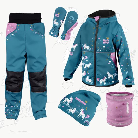 Dětský softshellový outfit petrolejový - Jednorožci