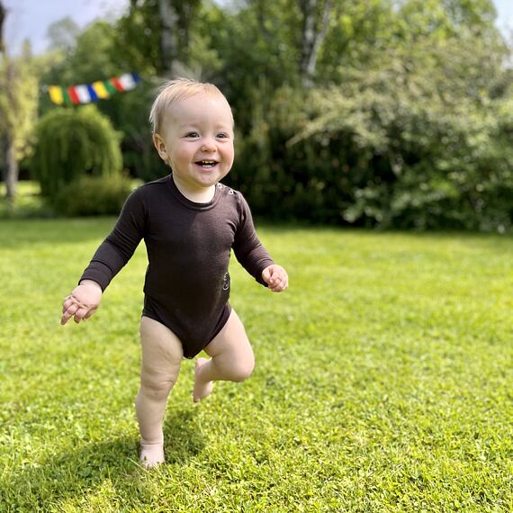 Dětské rostoucí merino body Tarua dlouhý rukáv - kakaové s myškou