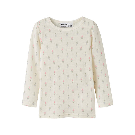 Dětské funkční tričko s merinem Name It Wang Small flowers dlouhý rukáv - coconut milk